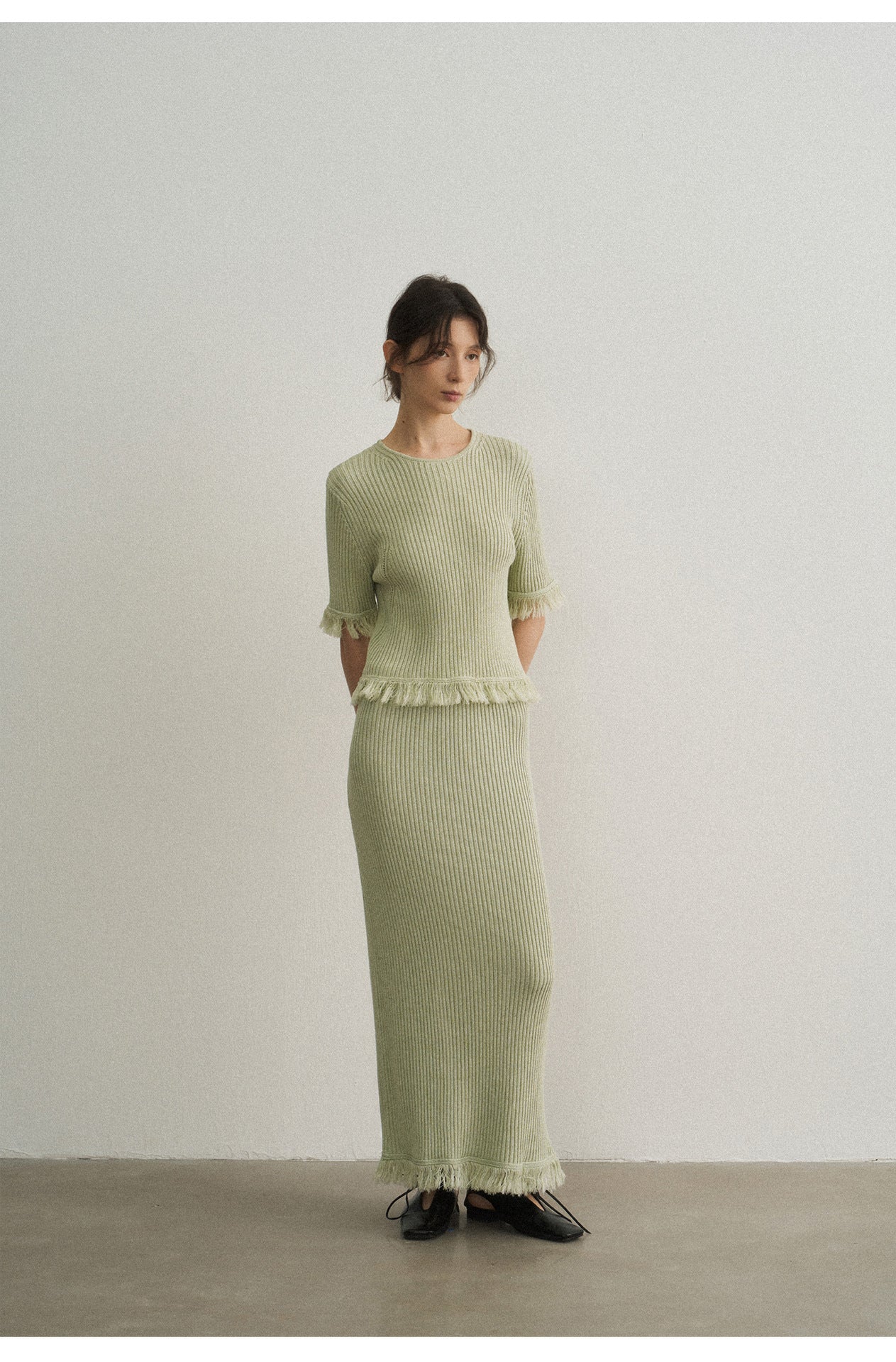 コットンフリンジリブサマーニットロングスカート