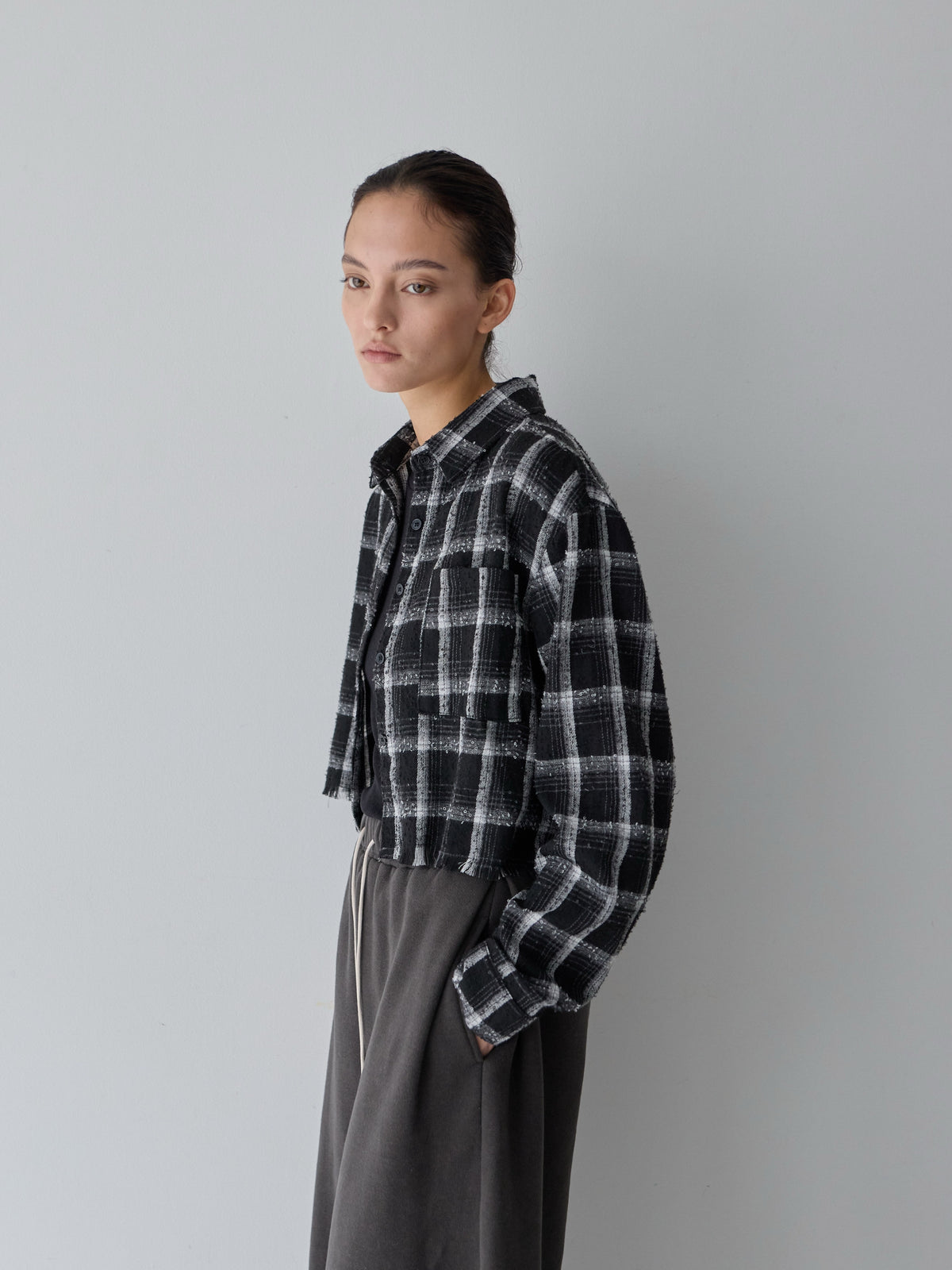 【POPUP】カットオフクロップドチェックシャツ/BROWNのみ