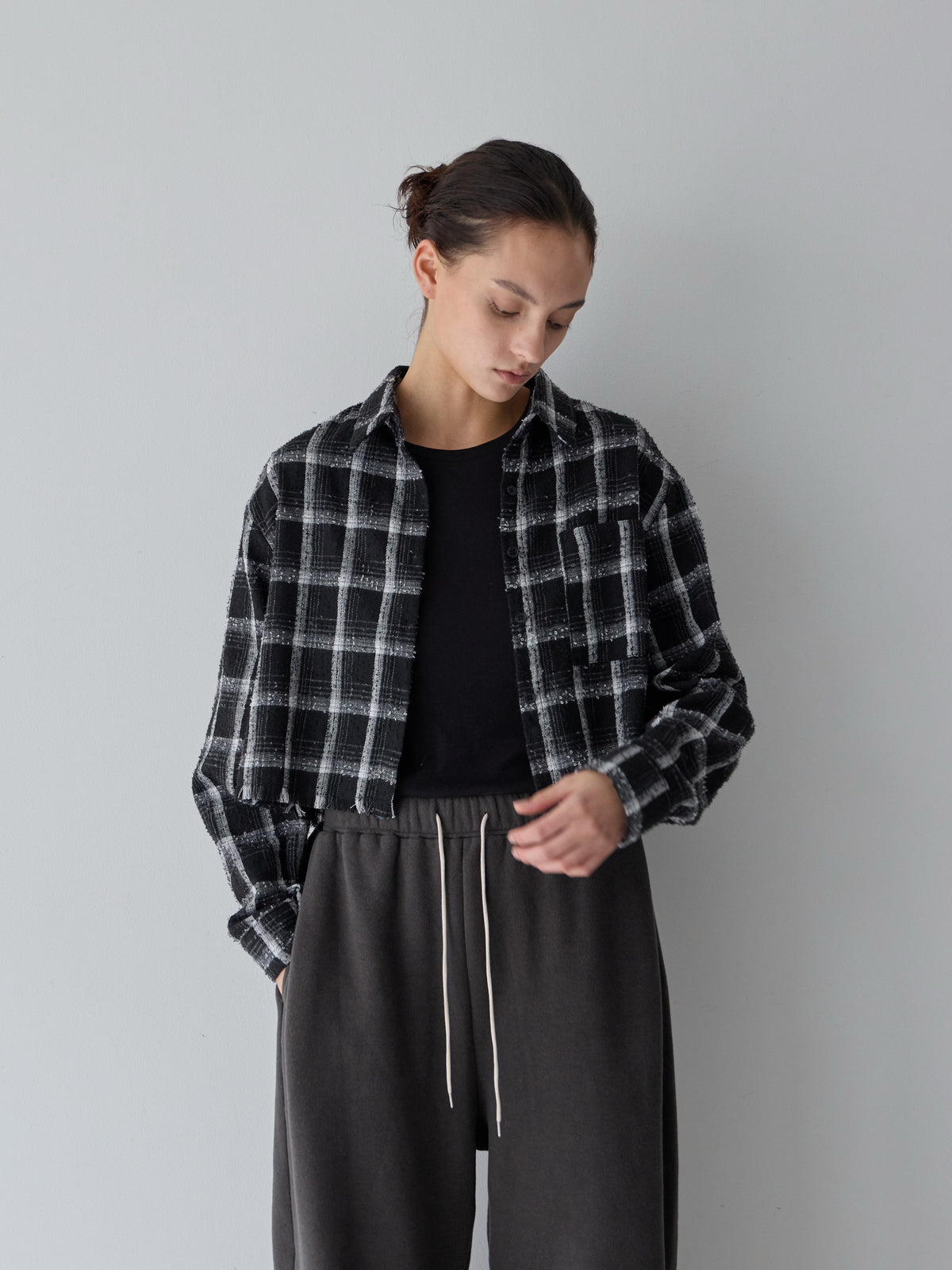 【POPUP】カットオフクロップドチェックシャツ/BROWNのみ