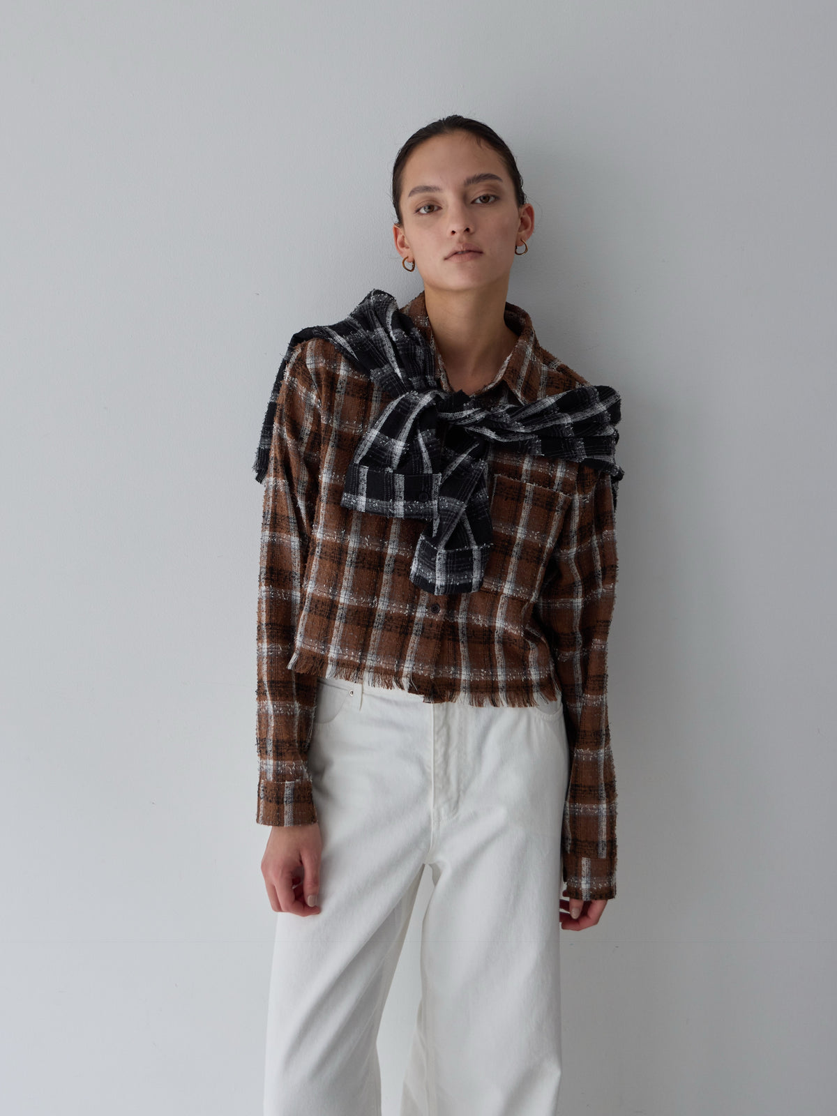 【POPUP】カットオフクロップドチェックシャツ/BROWNのみ