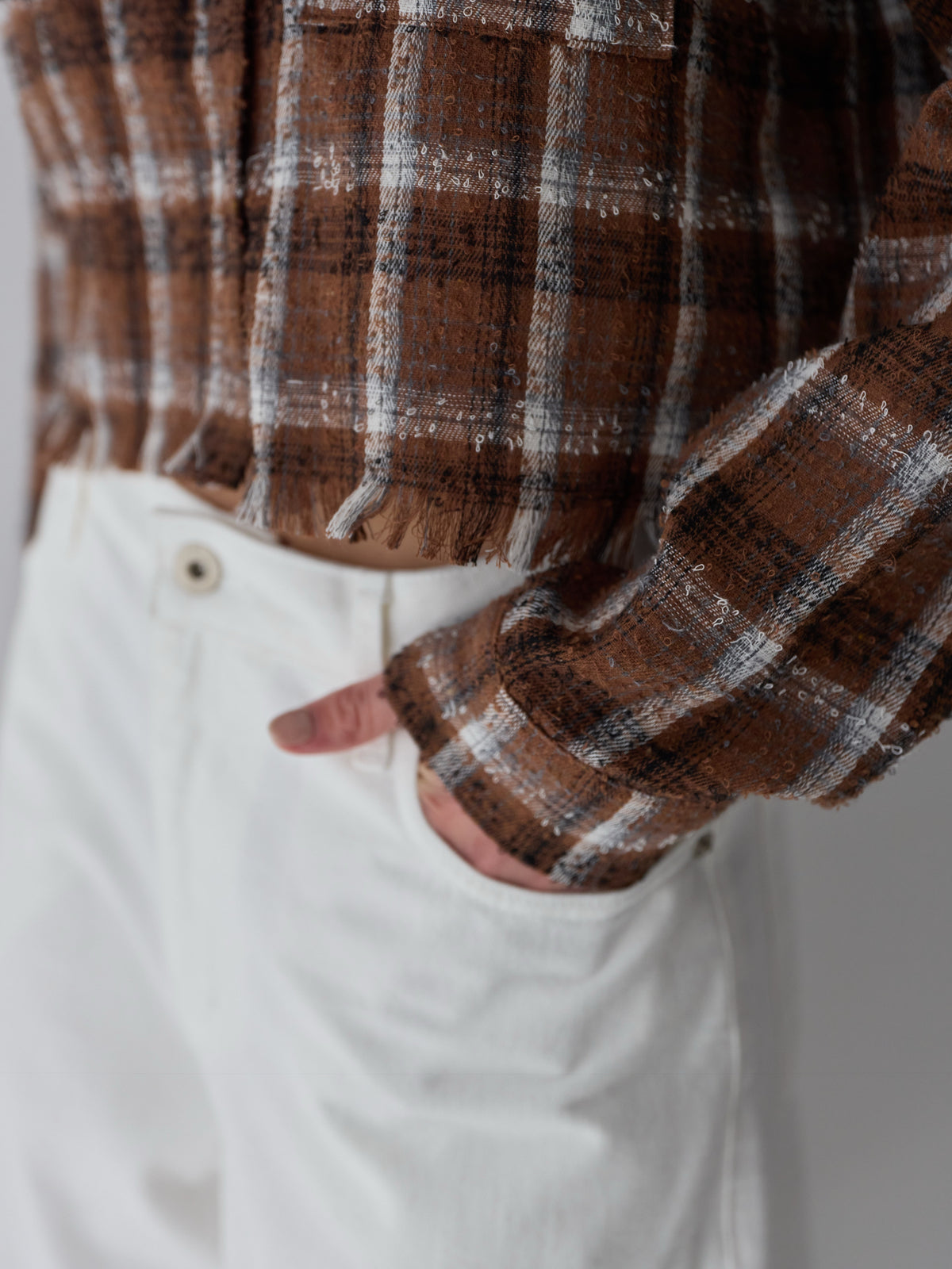 【POPUP】カットオフクロップドチェックシャツ/BROWNのみ