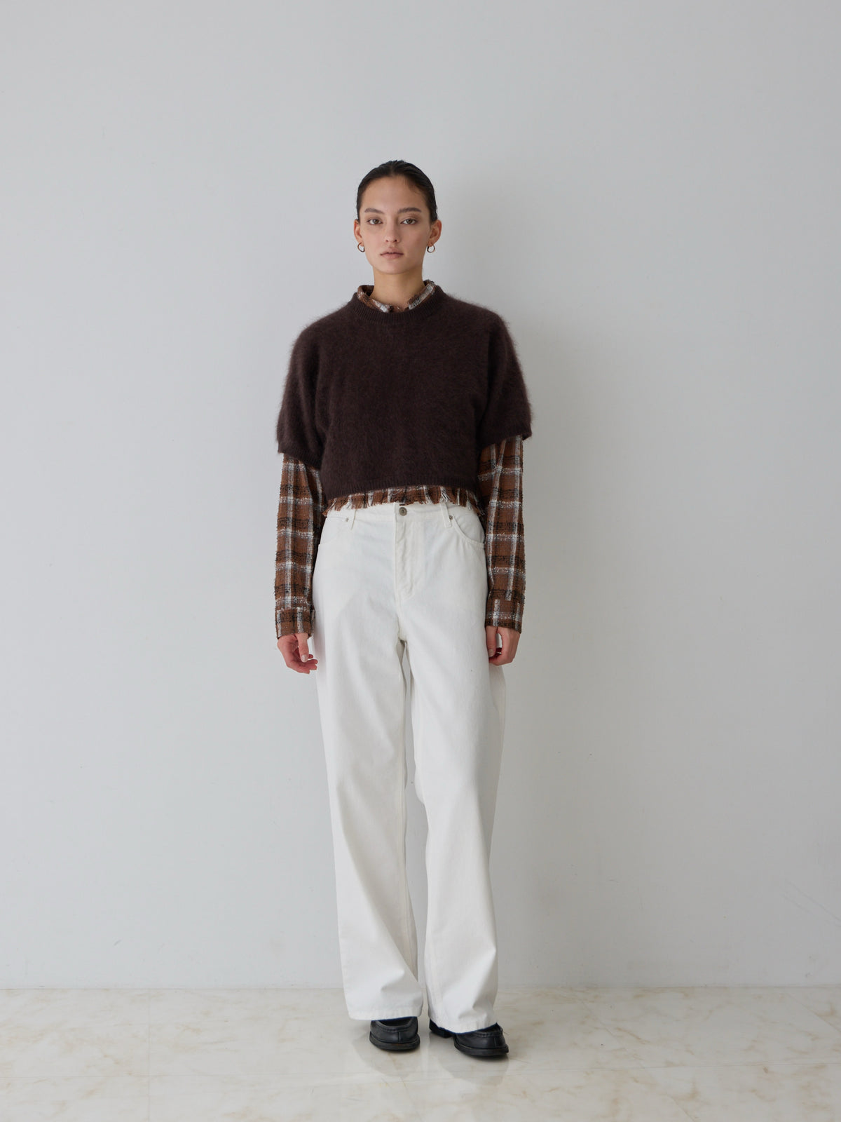 【POPUP】カットオフクロップドチェックシャツ/BROWNのみ