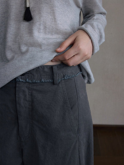 【PRE ORDER】ウォッシュ加工ウエストカットオフカーブワイドパンツ【セットアップ可】