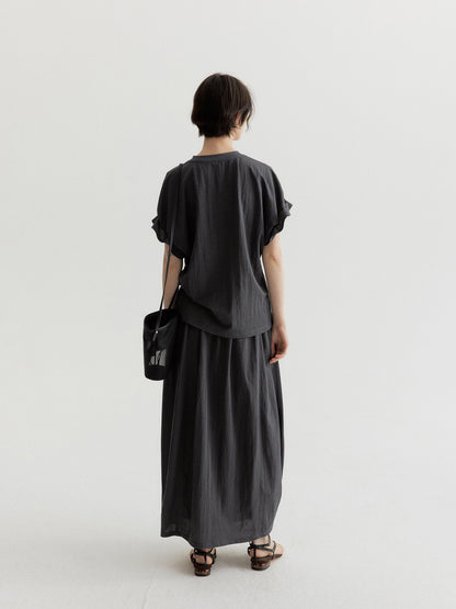 リネン混フリルスリーブドロップショルダーTシャツ【セットアップ可】