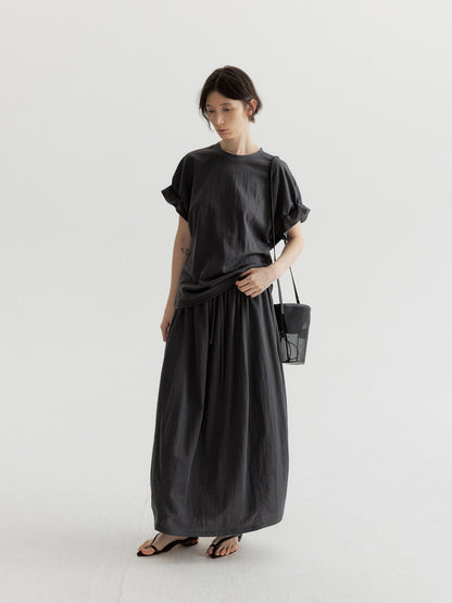 リネン混フリルスリーブドロップショルダーTシャツ【セットアップ可】