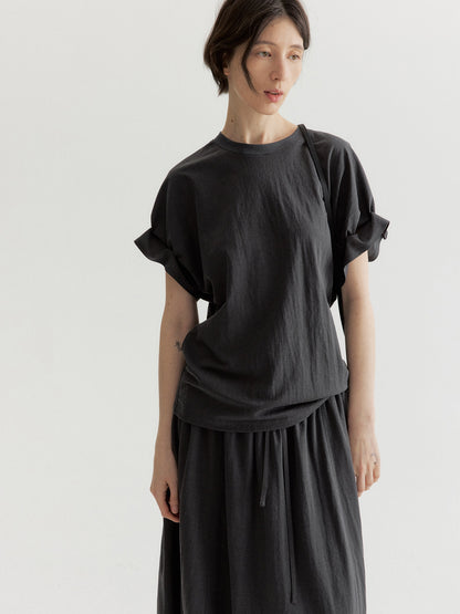 リネン混フリルスリーブドロップショルダーTシャツ【セットアップ可】