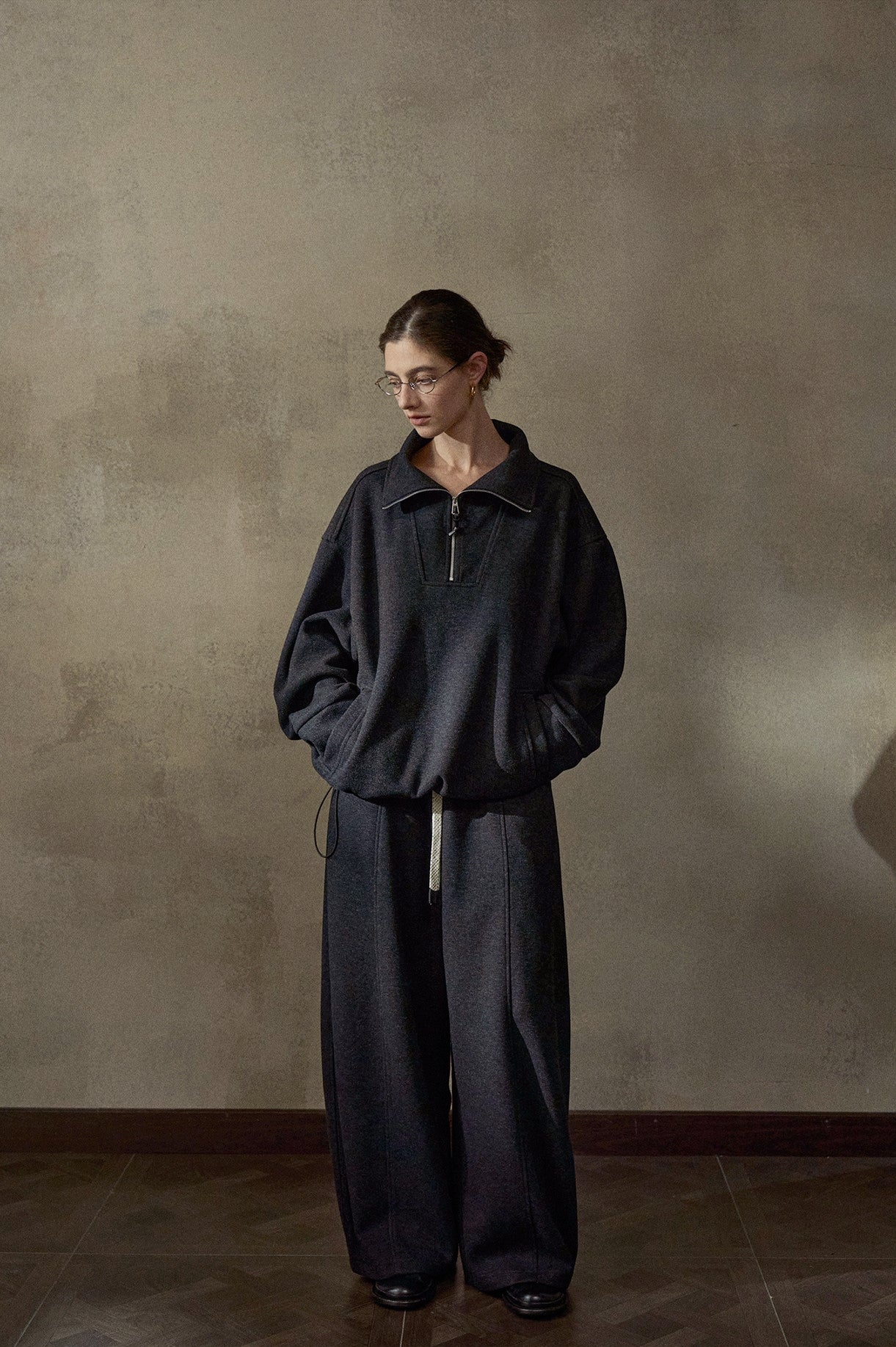 ウール混ドローストリングハーフジッププルオーバー【セットアップ可】