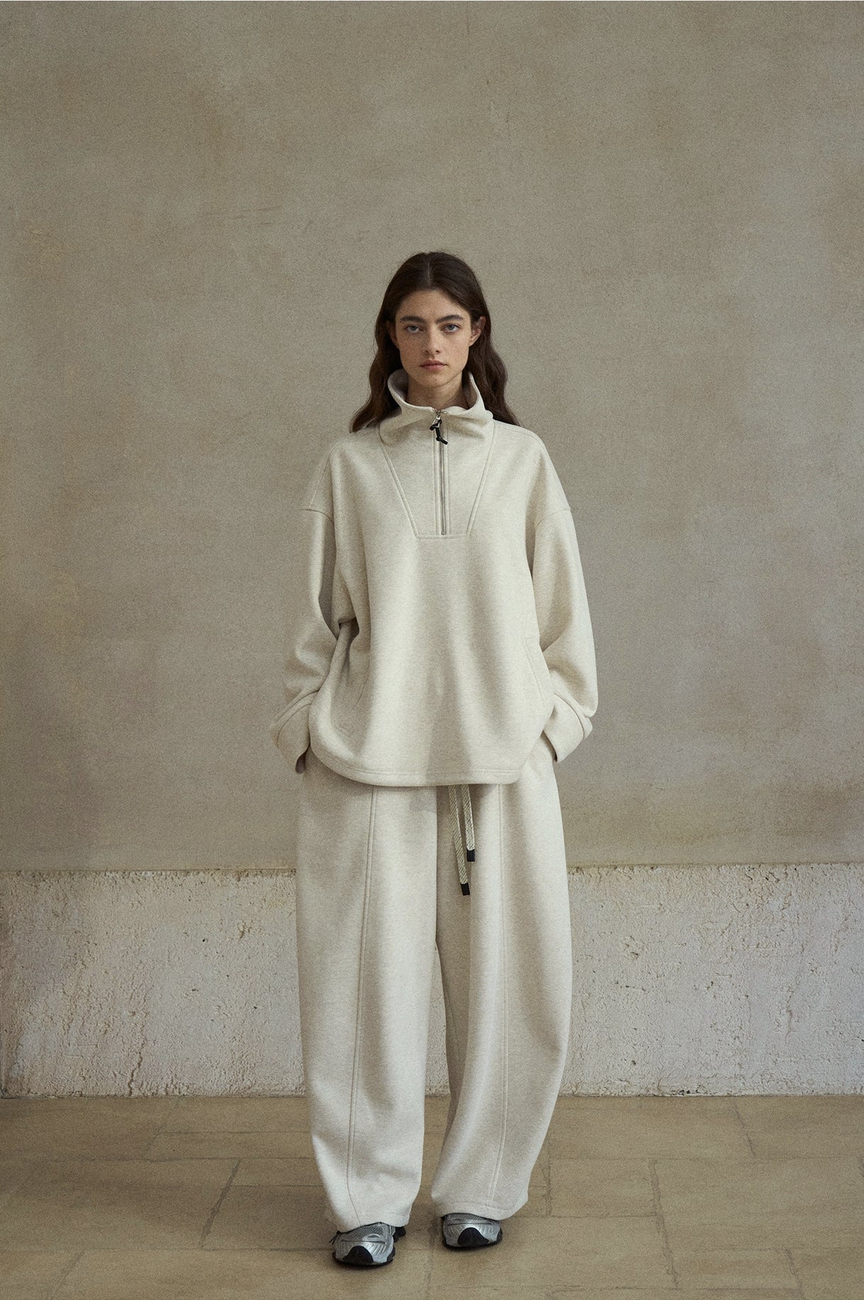 ウール混ドローストリングハーフジッププルオーバー【セットアップ可】