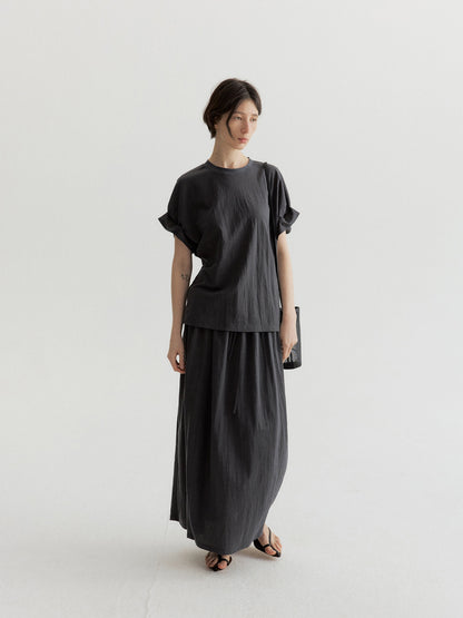 リネン混フリルスリーブドロップショルダーTシャツ【セットアップ可】