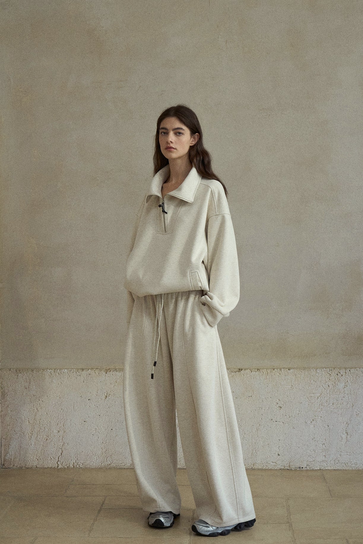 ウール混ドローストリングハーフジッププルオーバー【セットアップ可】