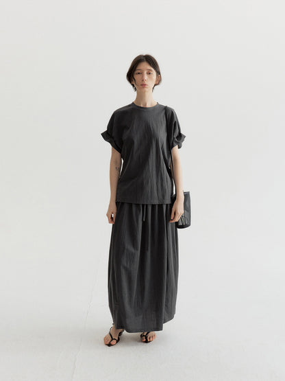 リネン混フリルスリーブドロップショルダーTシャツ【セットアップ可】