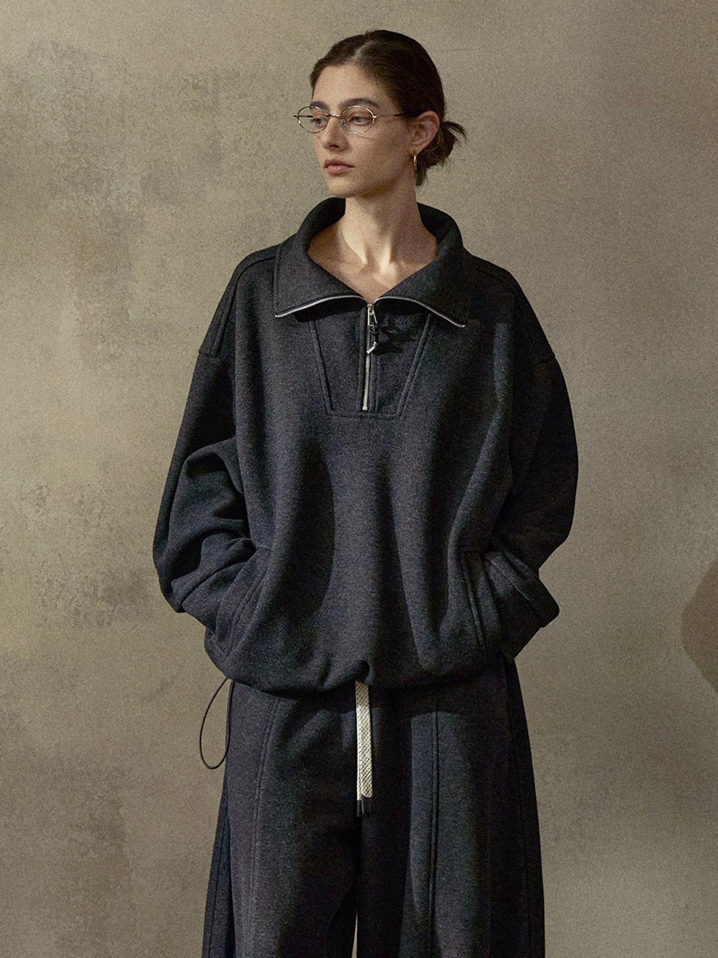 ウール混ドローストリングハーフジッププルオーバー【セットアップ可】