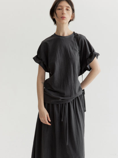 リネン混フリルスリーブドロップショルダーTシャツ【セットアップ可】