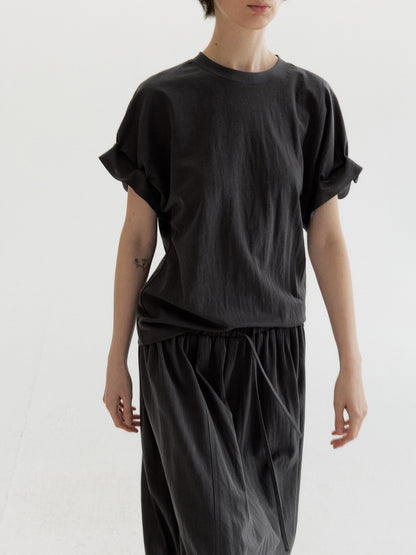 リネン混フリルスリーブドロップショルダーTシャツ【セットアップ可】