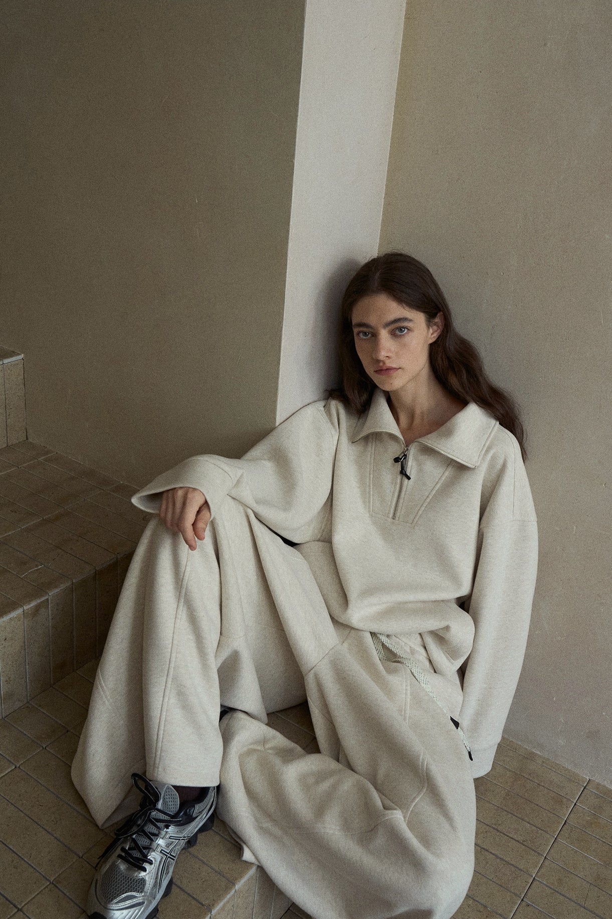 ウール混ドローストリングハーフジッププルオーバー【セットアップ可】