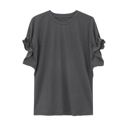 リネン混フリルスリーブドロップショルダーTシャツ【セットアップ可】