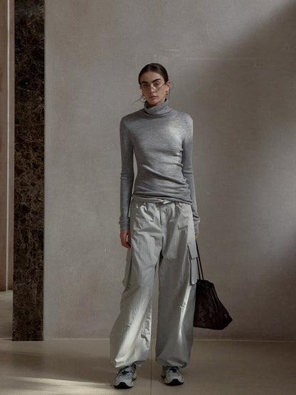 ドローストリングナイロンワイドカーゴパンツ