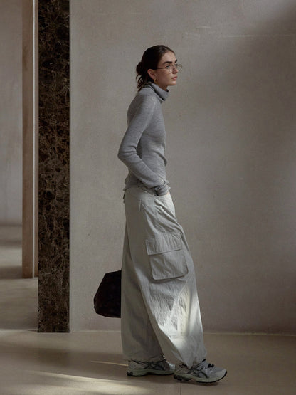 ドローストリングナイロンワイドカーゴパンツ