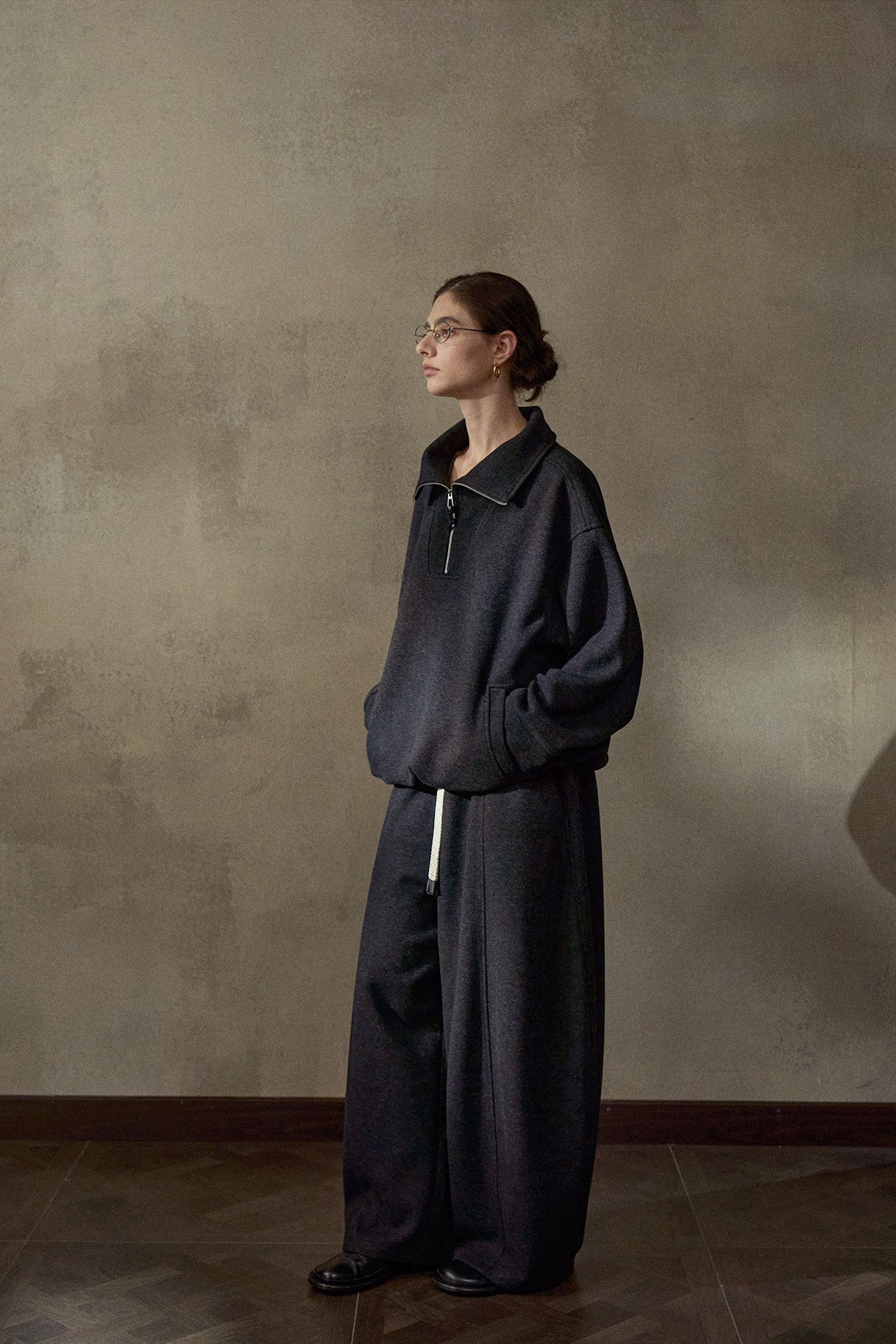 ウール混ドローストリングハーフジッププルオーバー【セットアップ可】