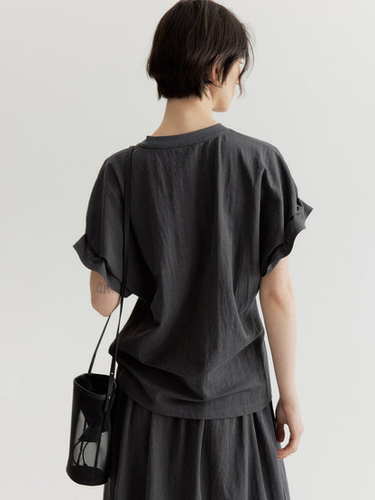 リネン混フリルスリーブドロップショルダーTシャツ【セットアップ可】