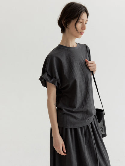 リネン混フリルスリーブドロップショルダーTシャツ【セットアップ可】